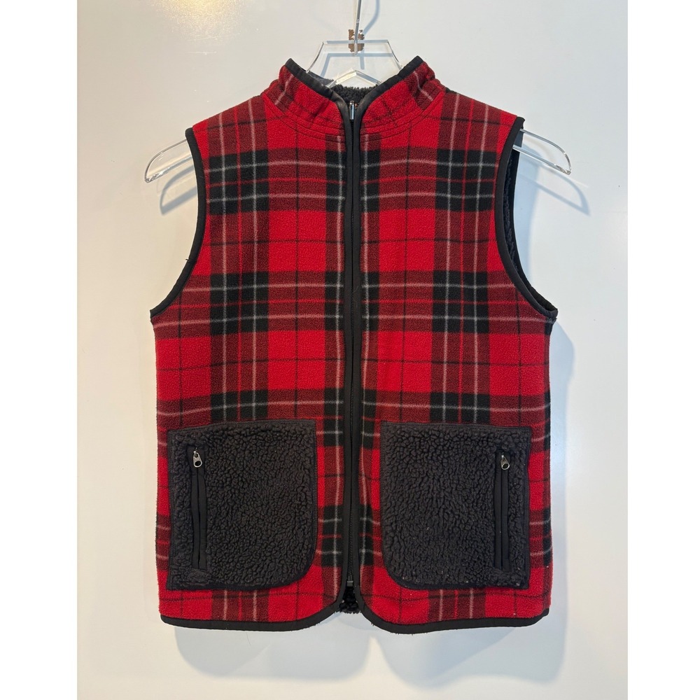 Eddie Bauer Red Black Plaid Fleece Sherpa Reversible Vest Womens Size‎ Small